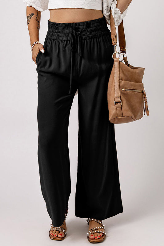 Pantalones anchos casuales con cintura elástica y cordón negro