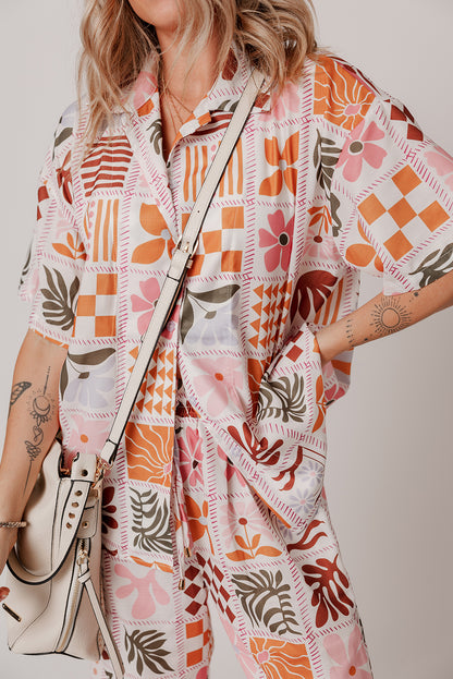 Conjunto camisa cuello estampado cuadros plantas naranja y pantalón ancho