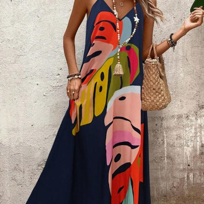 Vestido largo de tirantes con estampado de hojas coloridas verano