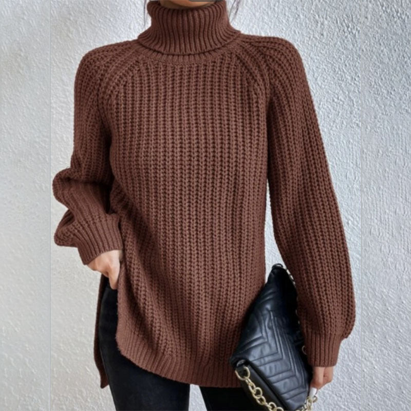 Suéter de cuello alto con diseño dividido color sólido y manga larga