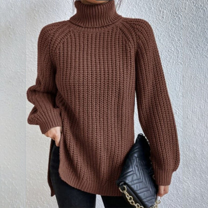 Suéter de cuello alto con diseño dividido color sólido y manga larga