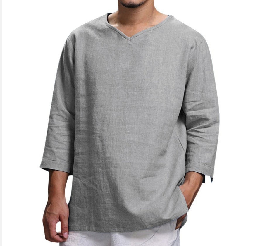 Men's Casual Loose V-Neck Cotton Linen Long-Sleeved Shirt