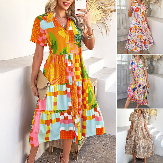 Vestido de cintura alta con estampado geométrico y contraste de colores