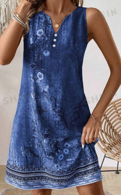Vestido suelto de verano sin mangas con estampado floral y cuello en V