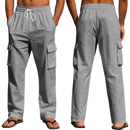 Men's straight-leg multi-pocket linen trousers