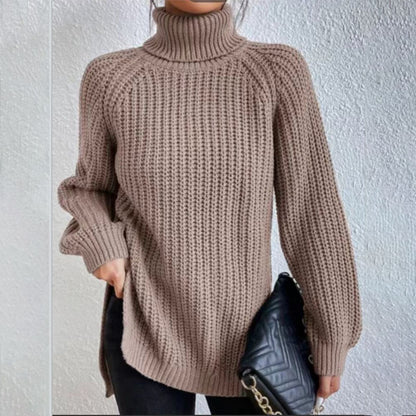 Suéter de cuello alto con diseño dividido color sólido y manga larga