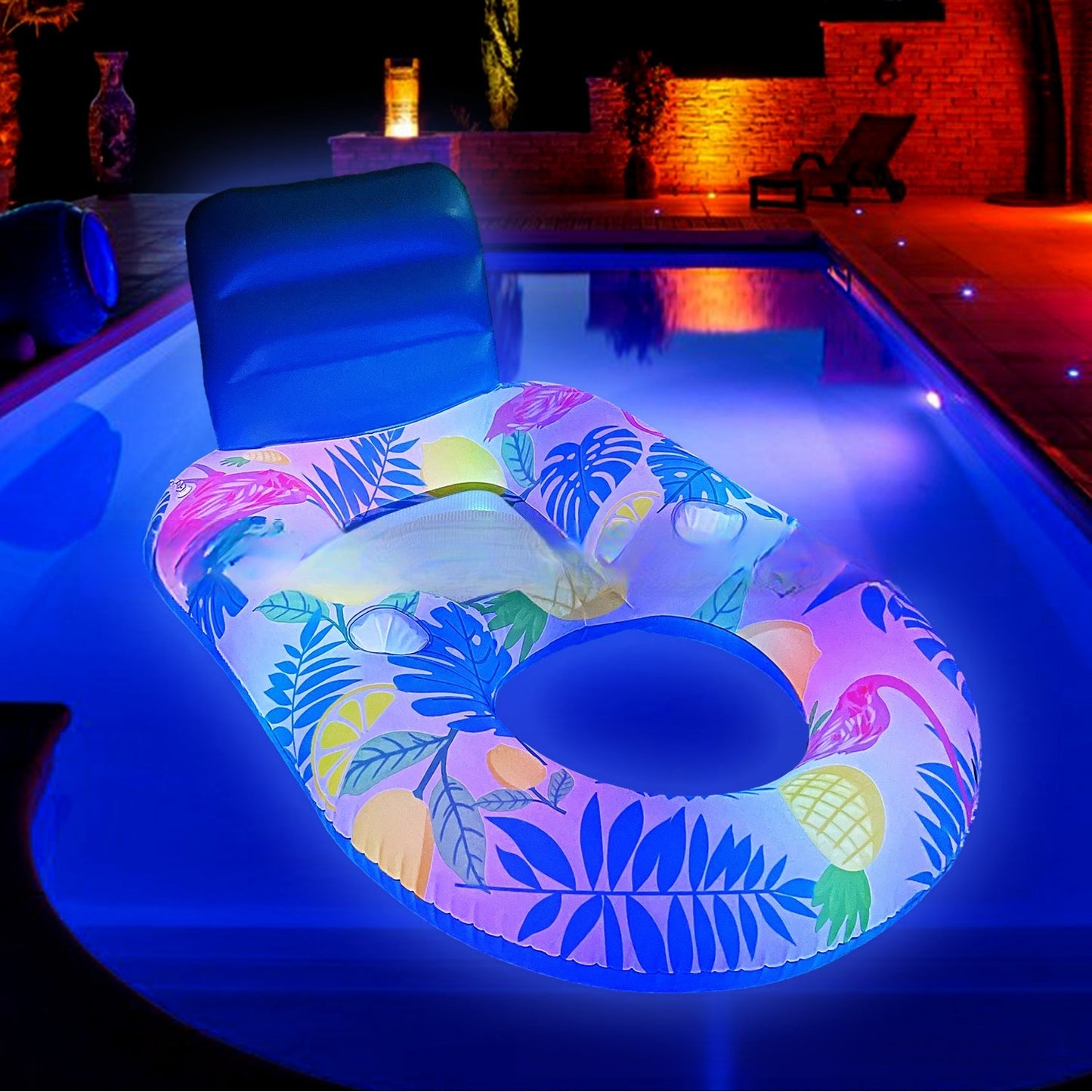Luminous Inflatable Floating Bed with Backrest Ring and LED Light Recliner Seat for Pool and Beach