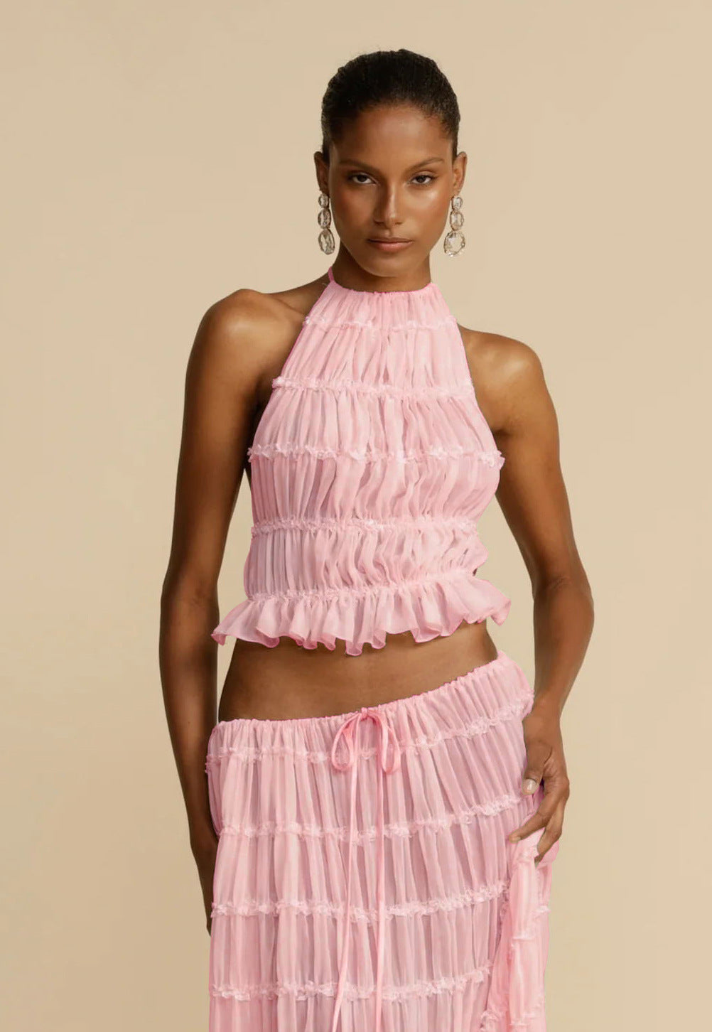 Conjunto de 2 piezas sin mangas con espalda descubierta, top corto con cuello halter