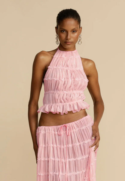 Conjunto de 2 piezas sin mangas con espalda descubierta, top corto con cuello halter