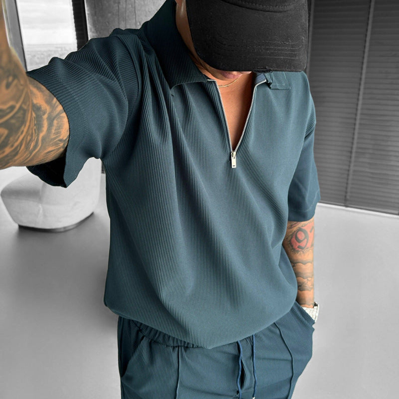 Men's summer set, short-sleeved polo shirt, zipper, drawstring shorts