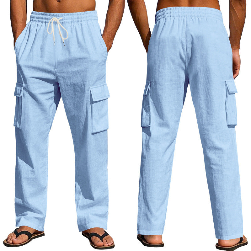 Men's straight-leg multi-pocket linen trousers