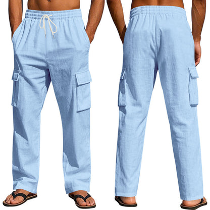 Men's straight-leg multi-pocket linen trousers