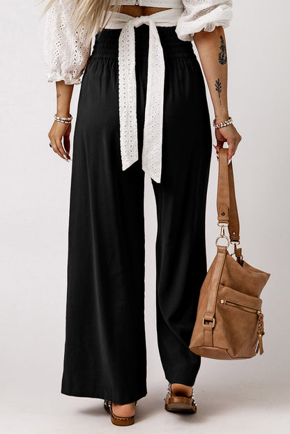 Pantalones anchos casuales con cintura elástica y cordón negro